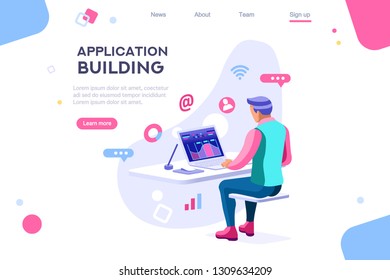 Dark application. Build internet interacting images. Interactive creative client profile. Customer mobile workspace situation. Office analysis 3d isolated on white background. Isometric illustration.