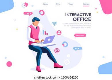 Dark application. Build internet interacting images. Interactive creative client profile. Customer mobile workspace situation. Office analysis 3d isolated on white background. Isometric illustration.