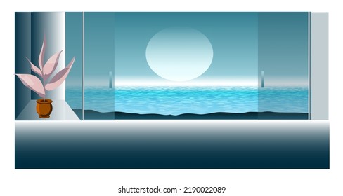 Decoración lujosa y oscura en el agua, amplio espacio, puertas correderas de cristal con vistas al mar, macetas decorativas en un rincón. El concepto de decoración de lujo. Vectores.