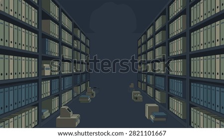 Dark archive room with tall shelves filled with rows of binders and document folders.