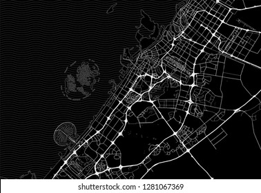 Dark area map of Dubai, United Arab Emirates. This artmap of Dubai contains geography lines for land mass, water, major and minor roads.