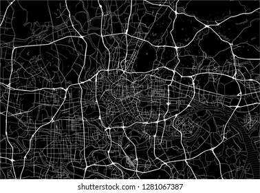 Dark area map of Guangzhou, China. This artmap of Guangzhou contains geography lines for land mass, water, major and minor roads.