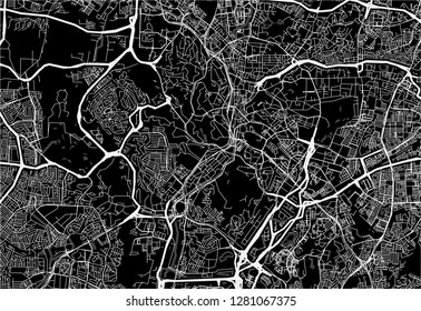 Dark area map of Kuala Lumpur, Malaysia. This artmap of Kuala Lumpur contains geography lines for land mass, water, major and minor roads.