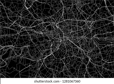 Dark area map of London, United Kingdom. This artmap of London contains geography lines for land mass, water, major and minor roads.