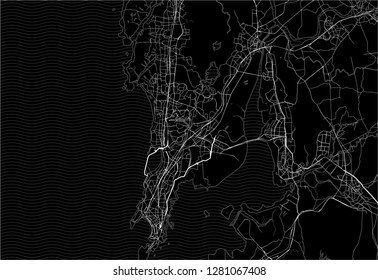 Dark area map of Mumbai, India. This artmap of Mumbai contains geography lines for land mass, water, major and minor roads.