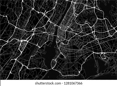 Dark area map of New York City, United States. This artmap of New York City contains geography lines for land mass, water, major and minor roads.