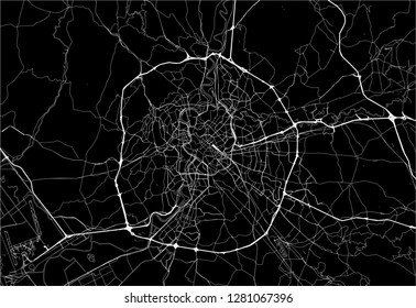 Dark area map of Rome, Italy. This artmap of Rome contains geography lines for land mass, water, major and minor roads.