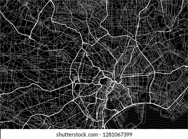 Dark area map of Tokyo, Japan. This artmap of Tokyo contains geography lines for land mass, water, major and minor roads.