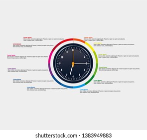 Dark arrow clock infographic with multicolored ring