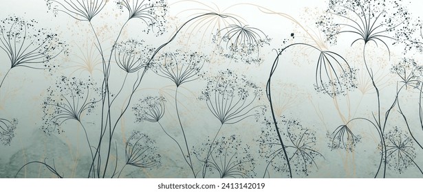 Fondo de arte oscuro con flores y hierba dibujada a la mano en línea. Papel de pared botánico para decoración interior, pancarta, imprenta, textil, embalaje