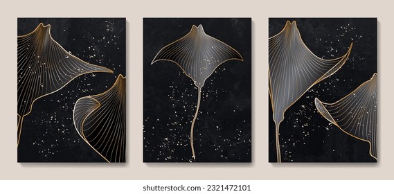 Fondo de arte oscuro con un patrón de estingria dorado en el estilo dibujado a mano en línea de arte. Conjunto de animales para el diseño de decoración, afiche, impresión, papel pintado, diseño interior, cubierta, tela.