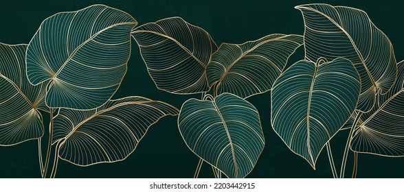 Dark art background with green and blue exotic leaves in golden line style. Botanical tropical banner for wall decoration, wallpaper, textile, decor, print, packaging.