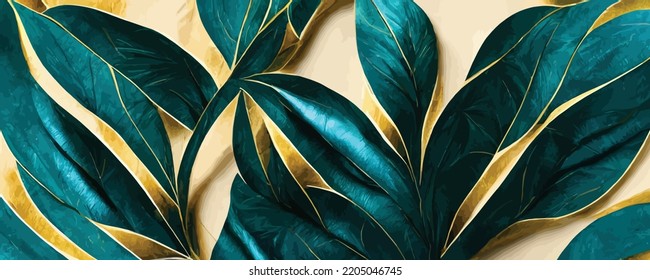 dark art background with green and blue exotic leaves