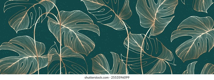 Dark art background with green and blue exotic leaves in golden line style. Botanical tropical banner for wall decoration, wallpaper, textile, decor, print, packaging.