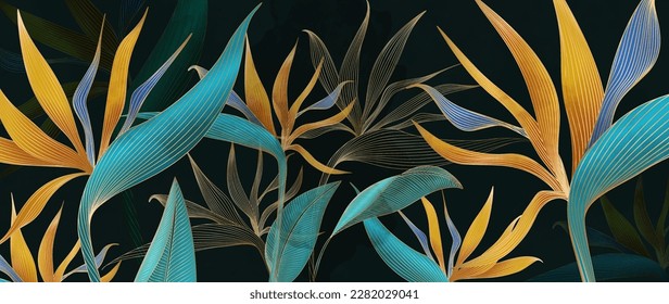 Dark art background with hand drawn paradise flowers with gold line style elements. Botanical banner for wallpaper design, print, textile, decor, interior design.