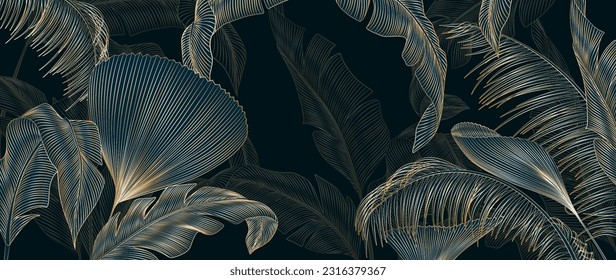 Dark art background with hand drawn tropical palm leaves with gold art lines. Botanical banner for decoration design, print, textile, wallpaper, interior design, poster.