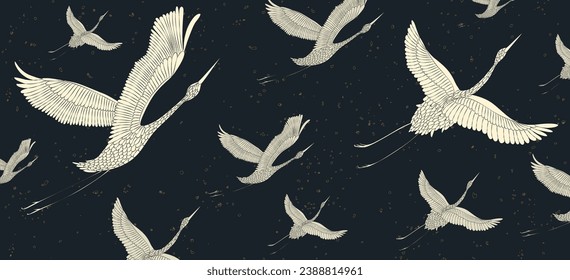 Fondo de arte oscuro con pájaros grullos dibujados a mano al estilo japonés. Diseño animalista de banners para decoración, impresión, textil, interior, papel pintado, afiche, embalaje.