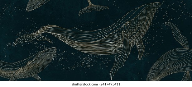 Dark art background with hand drawn golden whales in line art style. Abstract vector animalistic banner for wallpaper, decor, print, textile, interior design, packaging.