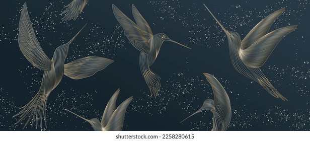 Dark art background with hummingbirds hand drawn in gold line art style. Animalistic banner for decoration, print, textile, wallpaper, packaging, interior design.