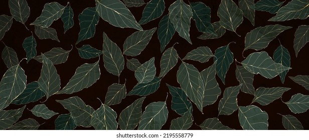 Dark art background with a pattern of tree leaves in a golden line style. Hand drawn botanical banner for textile design, wallpaper, decor, print, packaging.