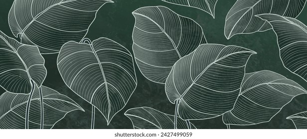 Dark art background with tropical leaves pattern in line style. Botanical banner for decoration, print, textile, wallpaper, interior design, poster, textile.
