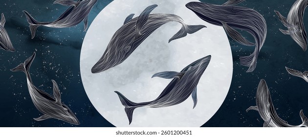Dark art background with whales on the moon background hand drawn in white line art style. Vector banner for decor, print, poster, wallpaper, social media, interior, packaging, cover