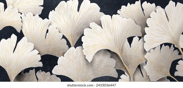 Dark art background with white ginkgo leaves in golden line style. Botanical banner with exotic plants for decoration, print, wallpaper, interior design, poster, textile, packaging.