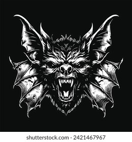 Dark Art Bat Beast Horror Helloween Skull Grunge Vintage Style Black White