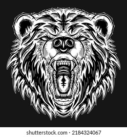 Dark Art Bear Head Beast Hand Drawn Hatching Style