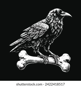 Dark Art Crows Raven Bird mit Skull and Bones Grunge Vintage Old School Style Illustration für Merch