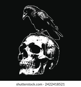 Dark Art Crows Raven Bird with Skull and Bones Grunge Vintage Old School Style illustration for Merch