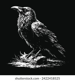 Dark Art Crows Raven Bird with Skull and Bones Grunge Vintage Old School Style illustration for Merch