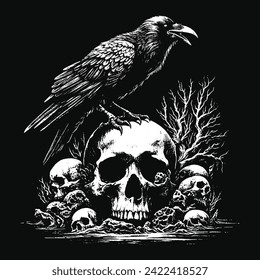 Dark Art Crows Raven Bird with Skull and Bones Grunge Vintage Old School Style illustration for Merch