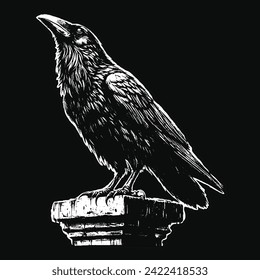 Dark Art Crows Raven Bird mit Skull and Bones Grunge Vintage Old School Style Illustration für Merch