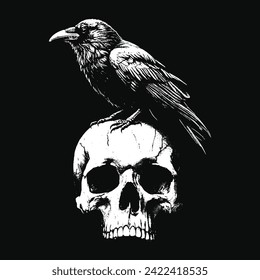 Dark Art Crows Raven Bird with Skull and Bones Grunge Vintage Old School Style illustration for Merch