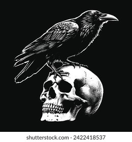 Dark Art Crows Raven Bird with Skull and Bones Grunge Vintage Old School Style illustration for Merch