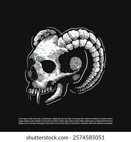 Dark art demon skull with lamb horn and vampire teeth illustration isolated on black background