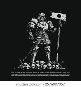 Dark art giant armored skeleton samurai standing on human skeleton skull holding a flag and sword vector