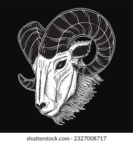 Dark Art Goat Head horns Sheep satanic black white for tattoo and clothing illustration