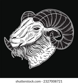 Dark Art Goat Head horns Sheep satanic black white for tattoo and clothing illustration