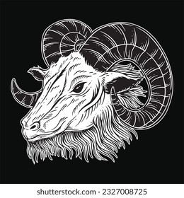 Dark Art Goat Head horns Sheep satanic black white for tattoo and clothing illustration