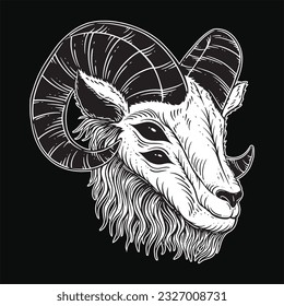 Dark Art Goat Head horns Sheep satanic black white for tattoo and clothing illustration