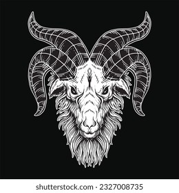 Dark Art Goat Head horns Sheep satanic black white for tattoo and clothing illustration