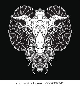 Dark Art Goat Head horns Sheep satanic black white for tattoo and clothing illustration