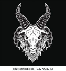 Dark Art Goat Head horns Sheep satanic black white for tattoo and clothing illustration