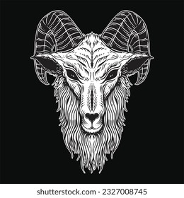 Dark Art Goat Head horns Sheep satanic black white for tattoo and clothing illustration