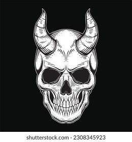 Dark Art Gothic Skull Demon Horn Vintage Tattoo bones in hand drawing style