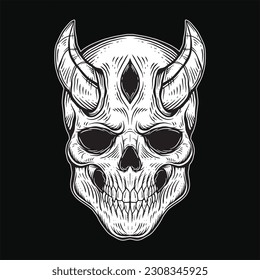 Dark Art Gothic Skull Demon Horn Vintage Tattoo bones in hand drawing style
