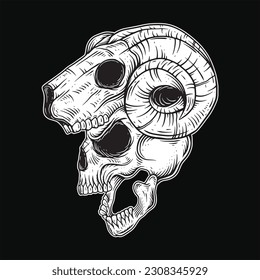 Dark Art Gothic Skull Demon Horn Vintage Tattoo bones in hand drawing style