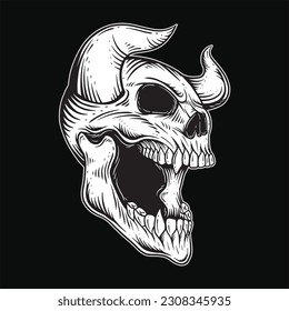 Dark Art Gothic Skull Demon Horn Vintage Tattoo bones in hand drawing style